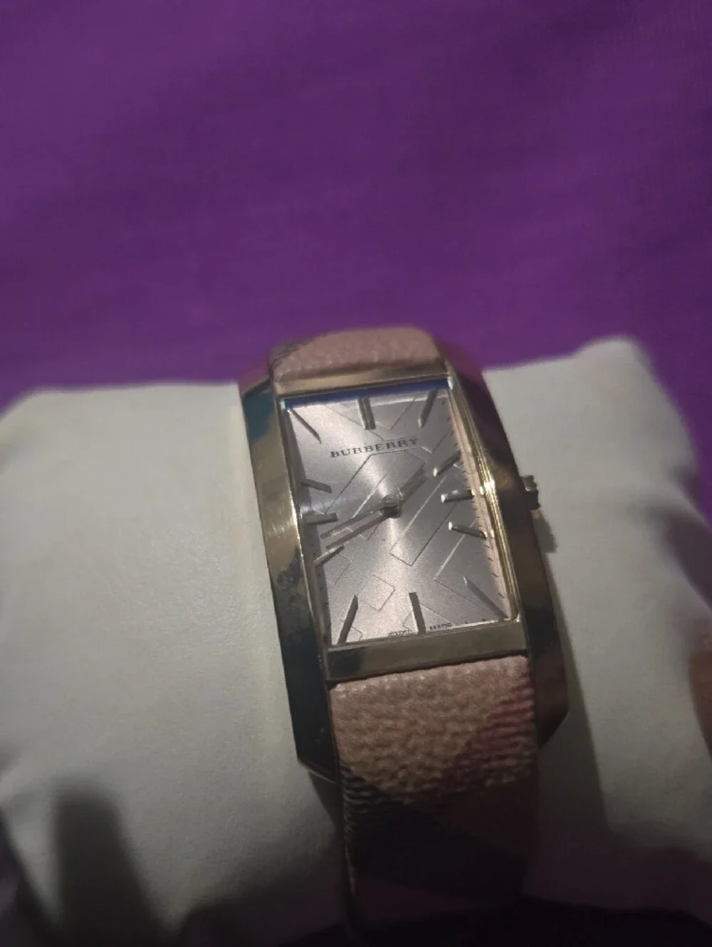 Burberry Beige/Pink Leather Strap Rectangular Silver Dial Watch